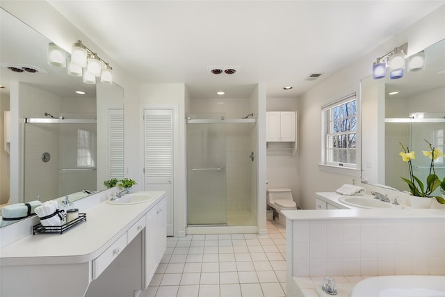 full bath featuring visible vents, toilet, recessed lighting, tile patterned floors, and a stall shower
