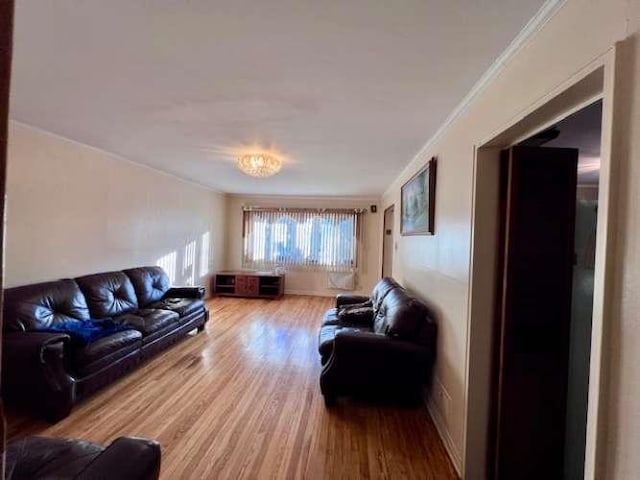 living room featuring ornamental molding and wood finished floors