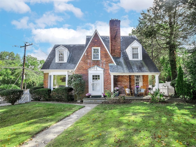 view of front of property featuring brick siding, a front lawn, fence, a high end roof, and a chimney