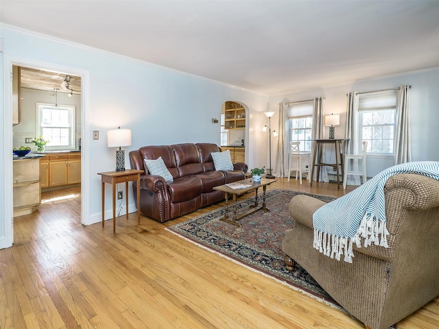 living area featuring arched walkways, crown molding, a wealth of natural light, and light wood-style floors