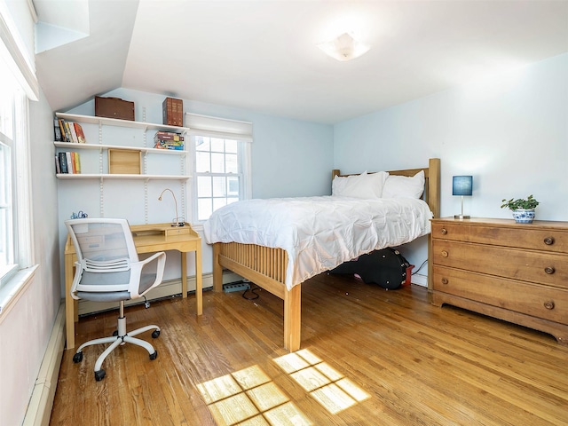 bedroom featuring wood finished floors and vaulted ceiling