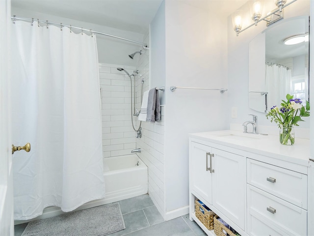 full bath with tile patterned flooring, vanity, and shower / bathtub combination with curtain