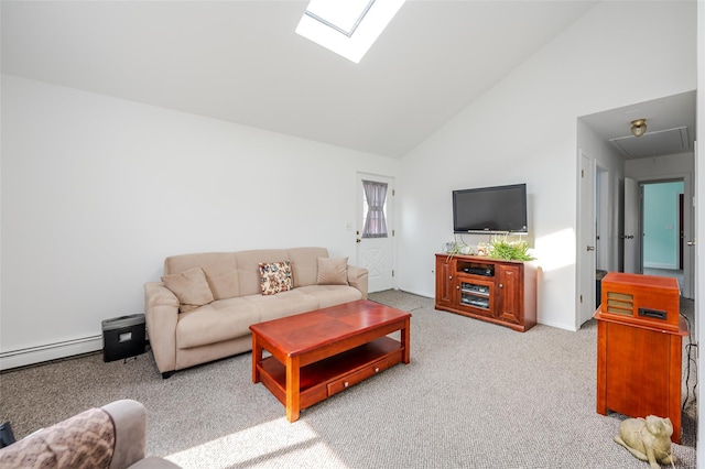 carpeted living room with baseboards, baseboard heating, a skylight, and high vaulted ceiling