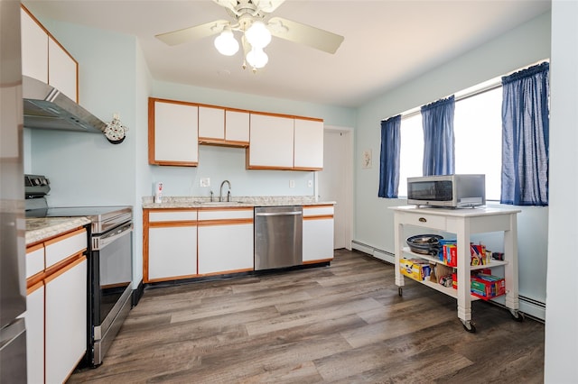 kitchen with under cabinet range hood, baseboard heating, wood finished floors, stainless steel appliances, and a sink