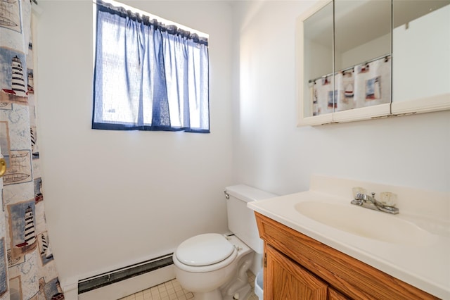 full bathroom with a baseboard radiator, curtained shower, toilet, and vanity