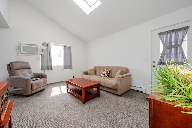 living room featuring lofted ceiling with skylight, baseboard heating, carpet flooring, and an AC wall unit