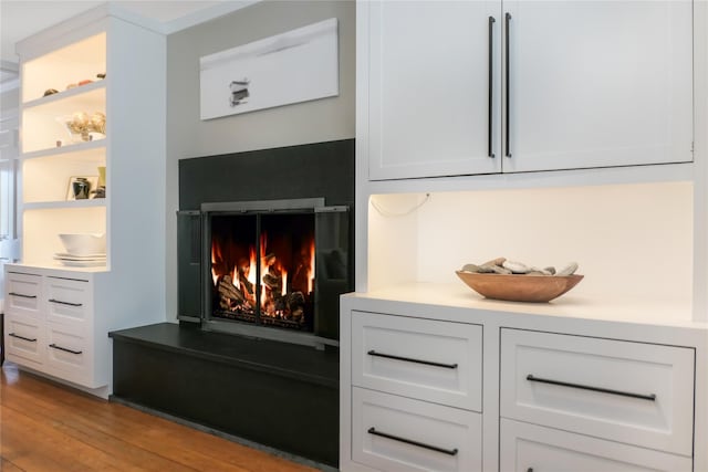 interior details featuring a lit fireplace and wood finished floors