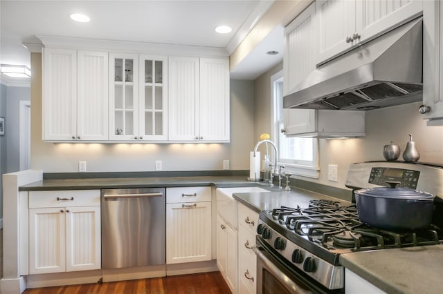 kitchen with dark wood finished floors, glass insert cabinets, under cabinet range hood, appliances with stainless steel finishes, and white cabinetry