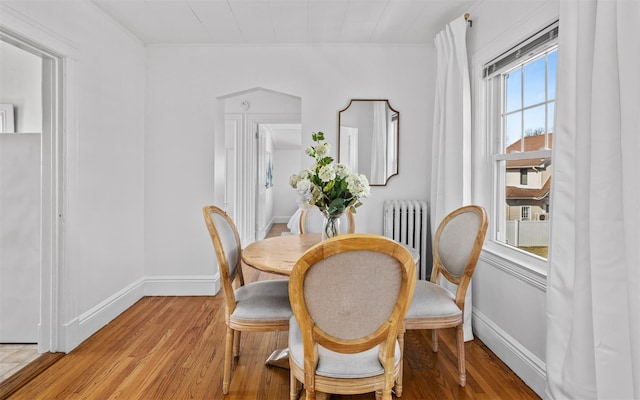 dining space featuring light wood-style flooring, radiator heating unit, baseboards, and ornamental molding