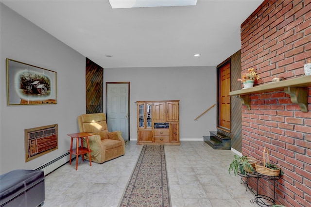 living area with a baseboard heating unit, baseboards, stairs, and a wall unit AC