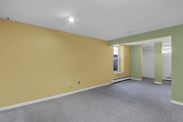 spare room with carpet, baseboards, and baseboard heating