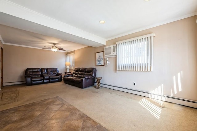 carpeted living area with an AC wall unit, a baseboard heating unit, crown molding, a baseboard radiator, and ceiling fan