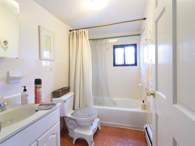 bathroom with shower / bath combo, a baseboard heating unit, tile walls, toilet, and tile patterned floors