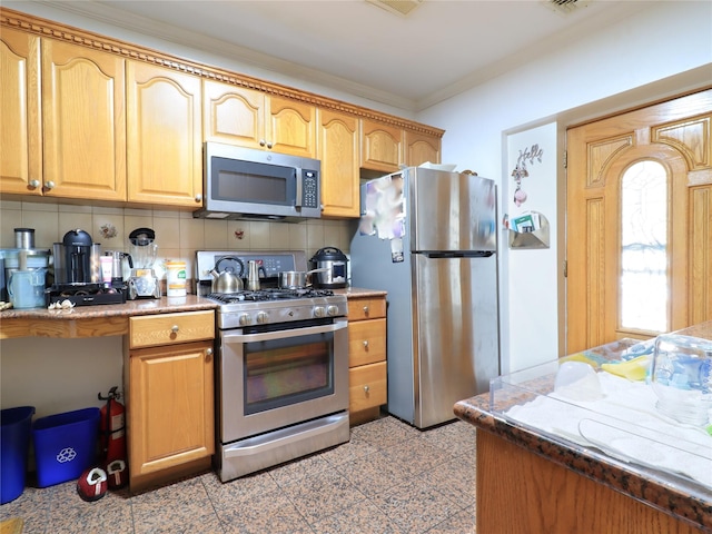 kitchen with visible vents, granite finish floor, ornamental molding, appliances with stainless steel finishes, and backsplash