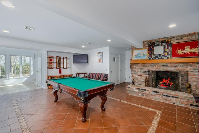 recreation room featuring visible vents, recessed lighting, tile patterned flooring, pool table, and a brick fireplace