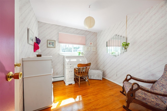 interior space with a baseboard radiator, baseboards, and wood finished floors