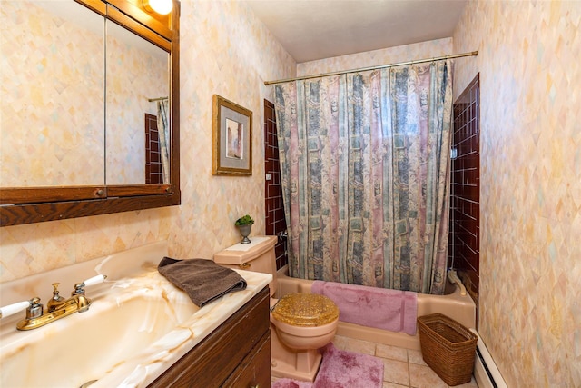 bathroom with shower / tub combo with curtain, toilet, tile patterned flooring, baseboard heating, and vanity