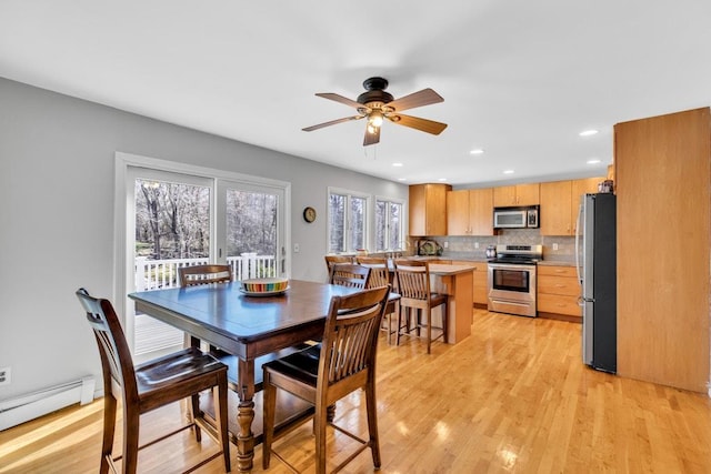 1380 Jackson Lndg, Mattituck, NY 11952 - dining area with recessed lighting, a ceiling fan, light wood-style floors, and a baseboard radiator