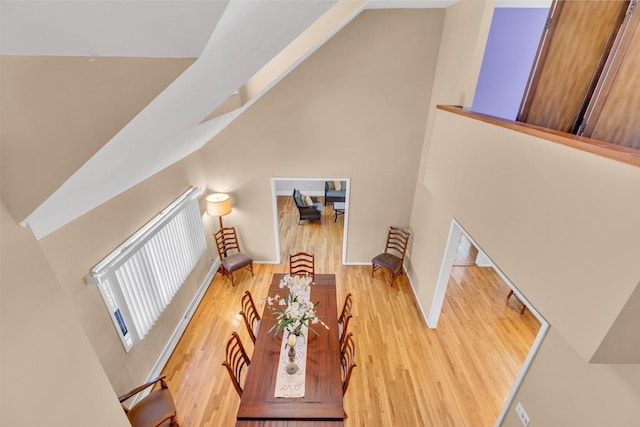1380 Jackson Lndg, Mattituck, NY 11952 - living area featuring high vaulted ceiling, baseboards, and wood finished floors