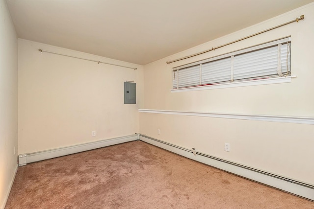 carpeted empty room with a baseboard heating unit, electric panel, and a baseboard radiator