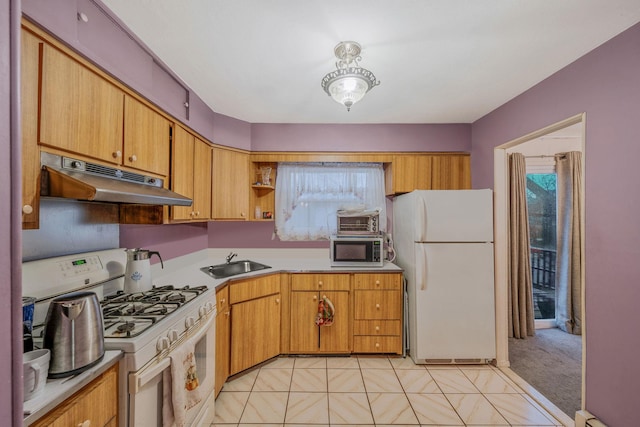 kitchen featuring a sink, under cabinet range hood, light countertops, white appliances, and open shelves