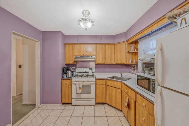 kitchen featuring a sink, under cabinet range hood, light tile patterned floors, white appliances, and open shelves