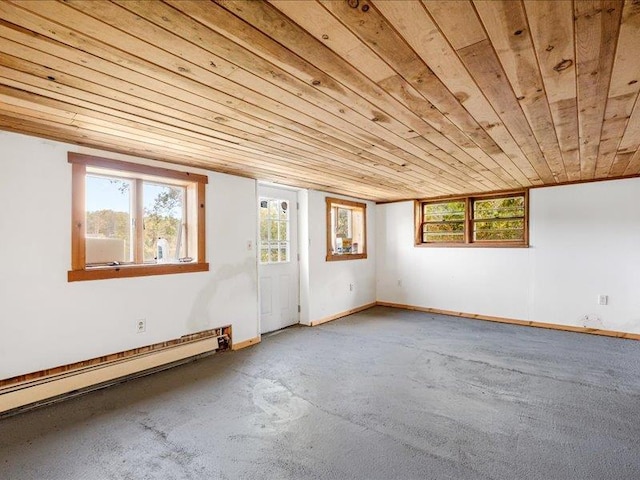 spare room featuring wooden ceiling, baseboard heating, concrete flooring, and baseboards
