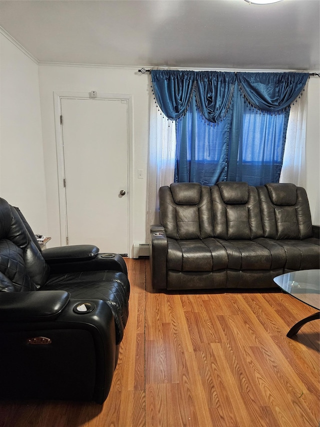 living area featuring baseboard heating and wood finished floors