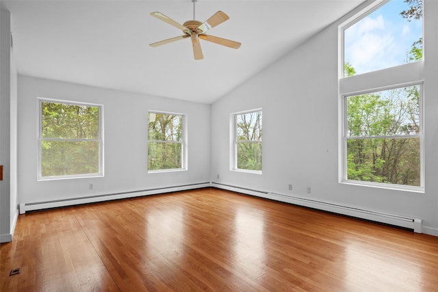 empty room featuring wood finished floors, high vaulted ceiling, and a ceiling fan
