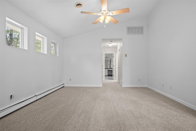 unfurnished room featuring a baseboard heating unit, vaulted ceiling, carpet, baseboards, and ceiling fan
