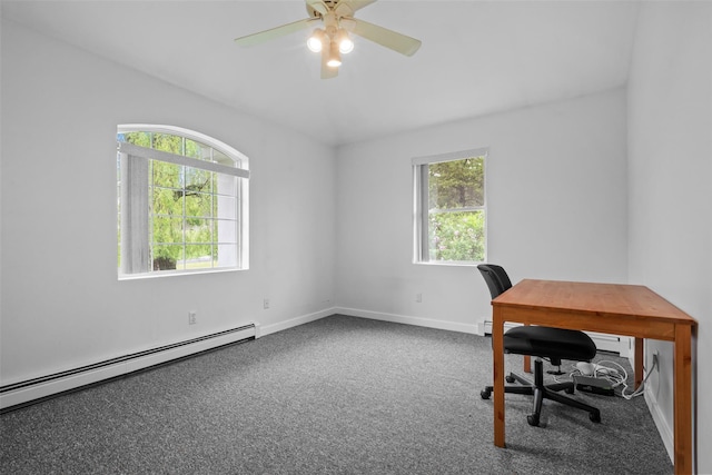 unfurnished office with a baseboard radiator, carpet floors, a ceiling fan, and baseboards