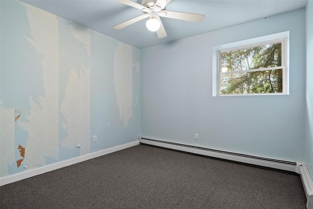 carpeted empty room featuring a baseboard radiator, a ceiling fan, and baseboards