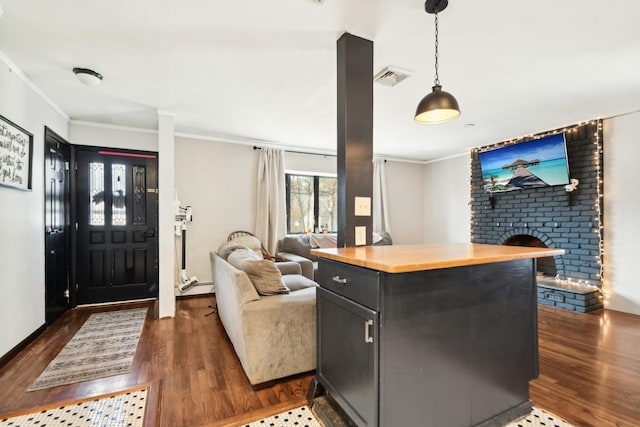 kitchen with visible vents, ornamental molding, dark wood-type flooring, open floor plan, and butcher block counters