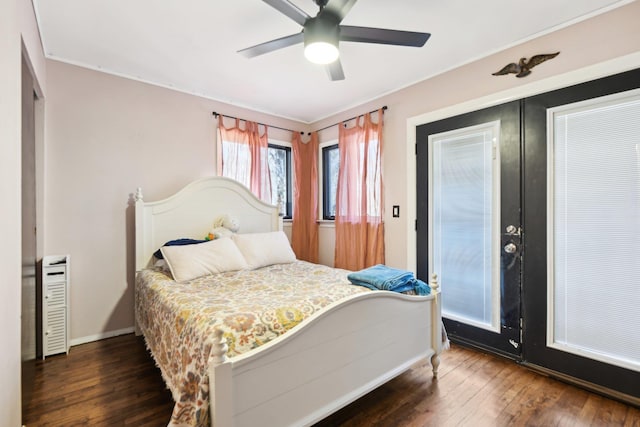 bedroom with ceiling fan, french doors, baseboards, and hardwood / wood-style floors