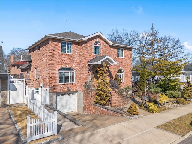 view of front of house with fence, roof with shingles, concrete driveway, a garage, and brick siding