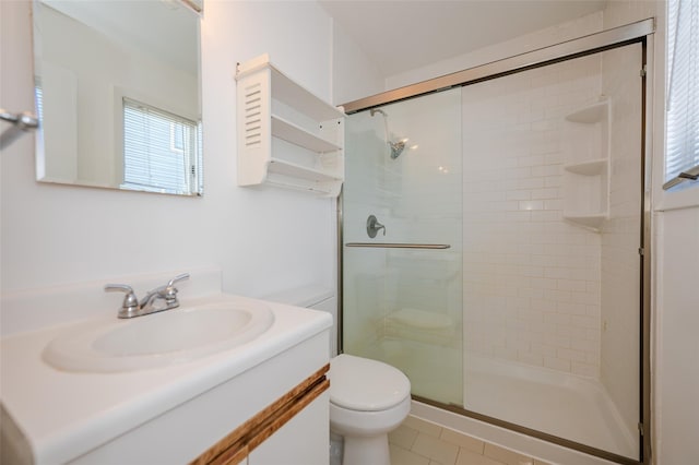 bathroom featuring vanity, toilet, and a shower stall