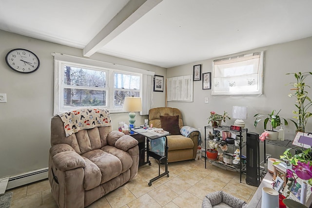 living area with beam ceiling and baseboard heating