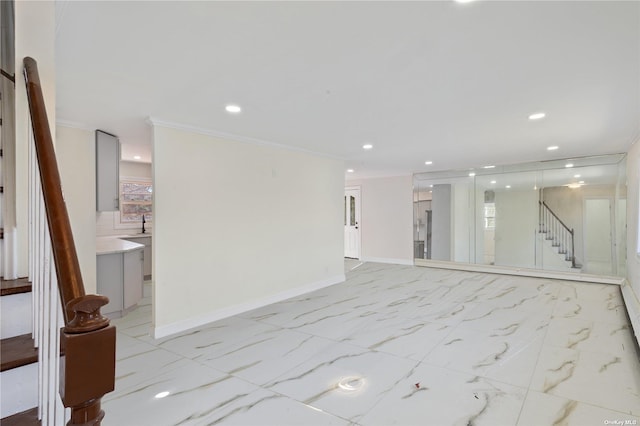 interior space featuring crown molding, baseboards, stairway, recessed lighting, and marble finish floor