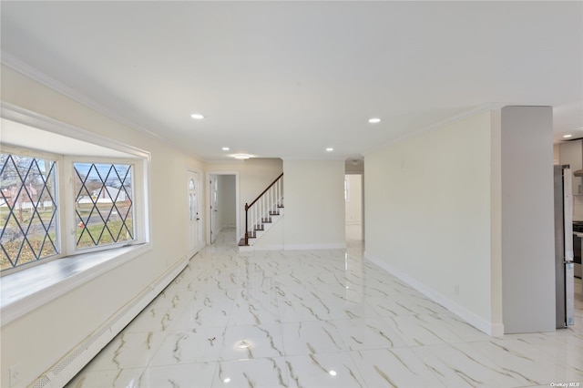 interior space with marble finish floor, ornamental molding, a baseboard radiator, baseboards, and stairs