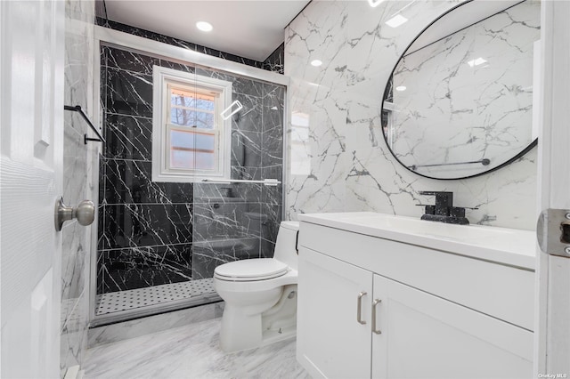 full bath featuring vanity, stone wall, a marble finish shower, toilet, and marble finish floor