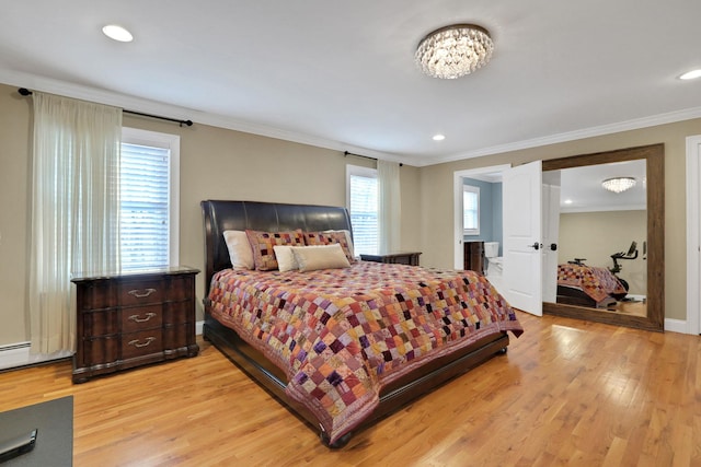 bedroom featuring crown molding, light wood-style flooring, recessed lighting, and baseboards