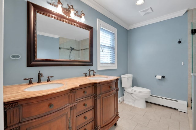 bathroom with a sink, a baseboard radiator, tiled shower, and ornamental molding