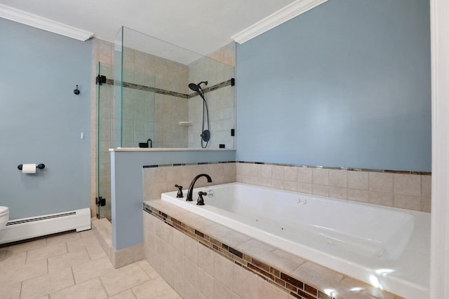 full bath featuring a garden tub, a shower stall, tile patterned flooring, crown molding, and baseboard heating