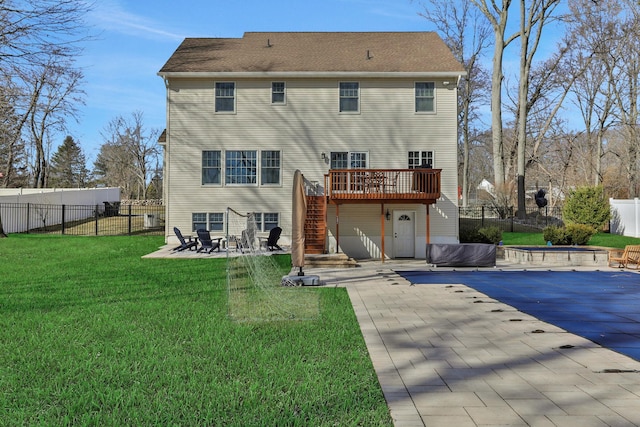 rear view of property featuring a wooden deck, a yard, a fenced backyard, stairs, and a patio area