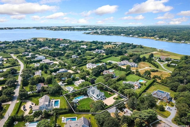 drone / aerial view featuring a water view