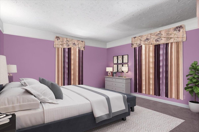 bedroom featuring baseboards, carpet floors, and a textured ceiling