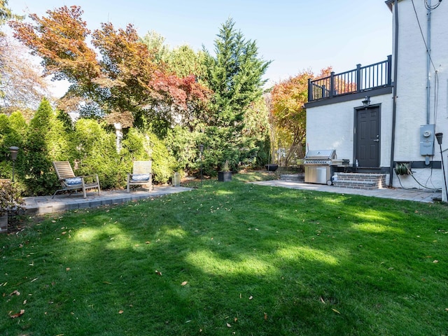 view of yard featuring a balcony and a patio area