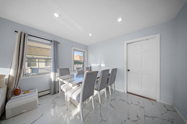 dining space with recessed lighting, marble finish floor, and baseboards