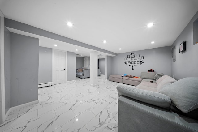 living area featuring recessed lighting, a baseboard heating unit, baseboards, and marble finish floor