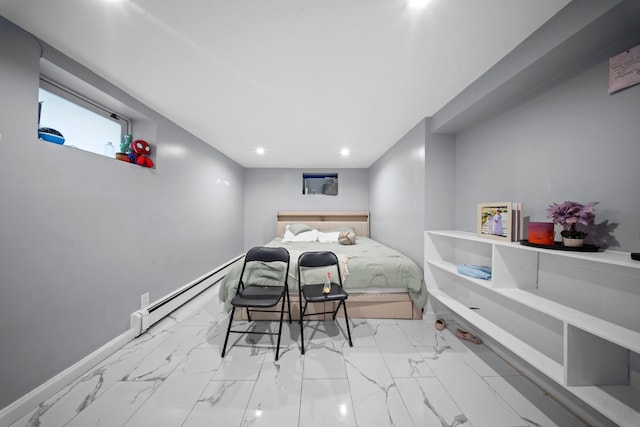 bedroom featuring recessed lighting, a baseboard radiator, baseboards, and marble finish floor